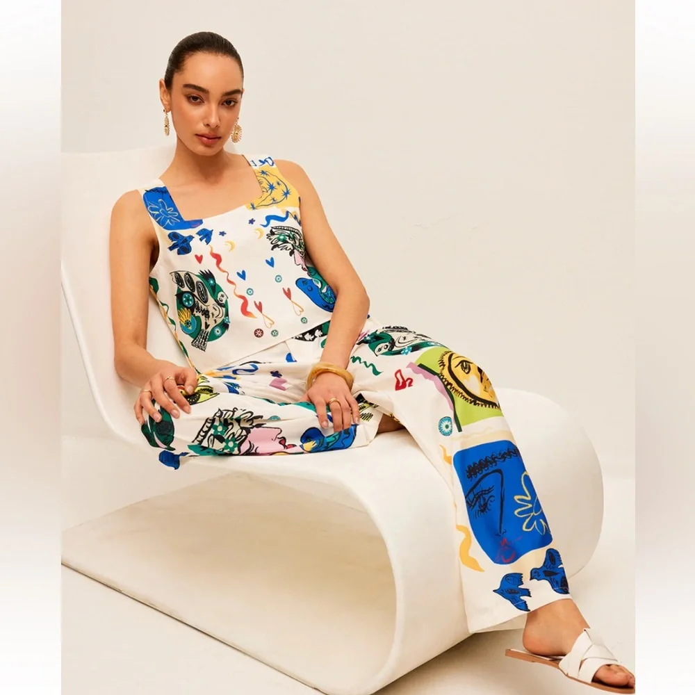 Graphic Print Crop Top With Wide-Leg Pants Set Size Medium NWT - Picture 4 of 7